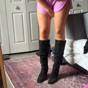 Vince Camuto Black Knee High Suede Heeled Boots Square Toe